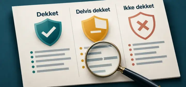 Illustrasjon av forsikringsnivåene dekket, delvis dekket og ikke dekket, med tre skjold og et forstørrelsesglass som fremhever en liten forskjell i vilkårene.